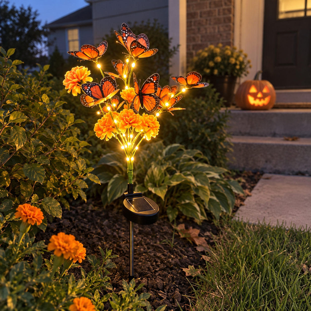 Solarleuchte mit Tagetes und Schmetterling im Vorgarten-Blumenbeet