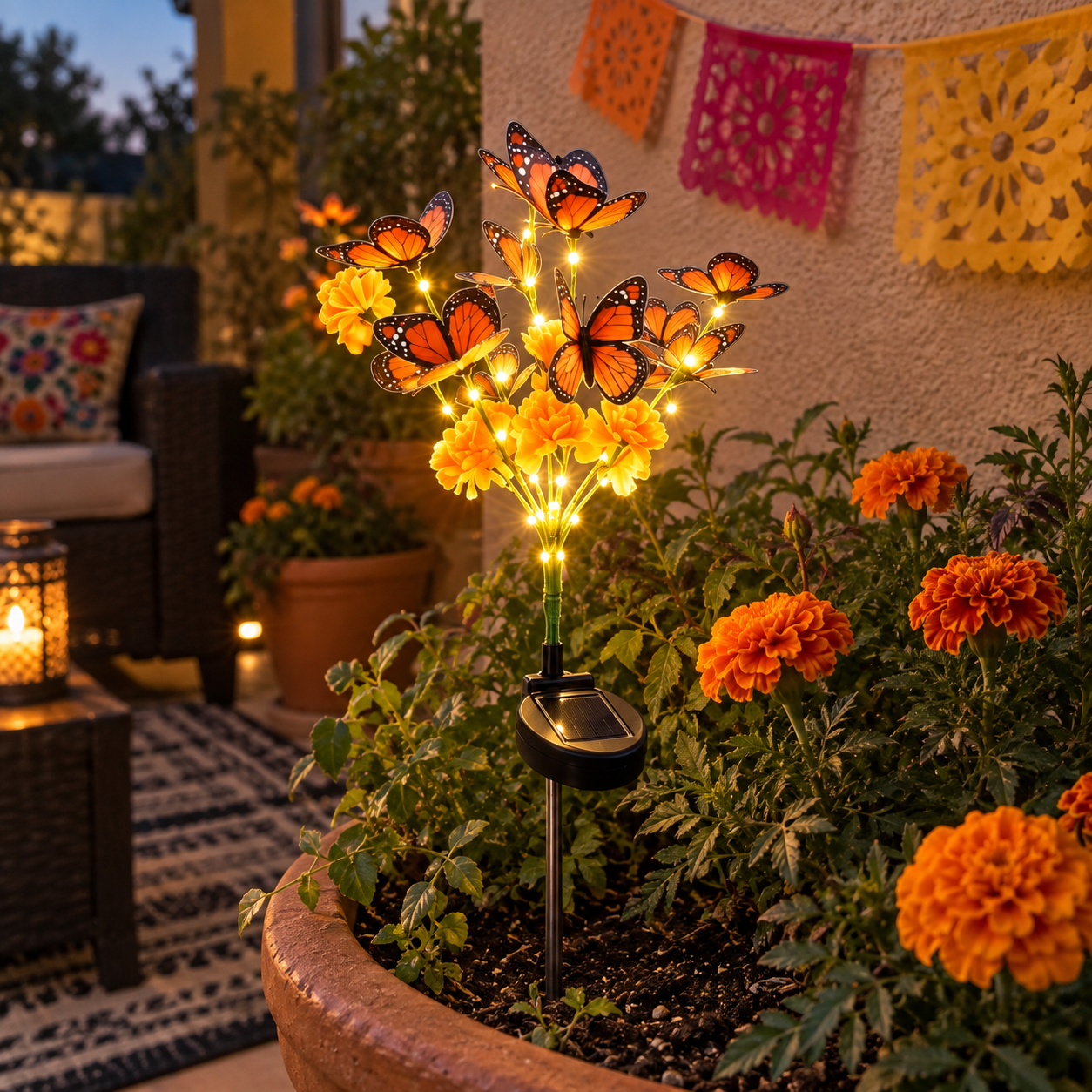 Solarleuchte mit Tagetes und Schmetterling in einer Erinnerungsdeko auf der Terrasse