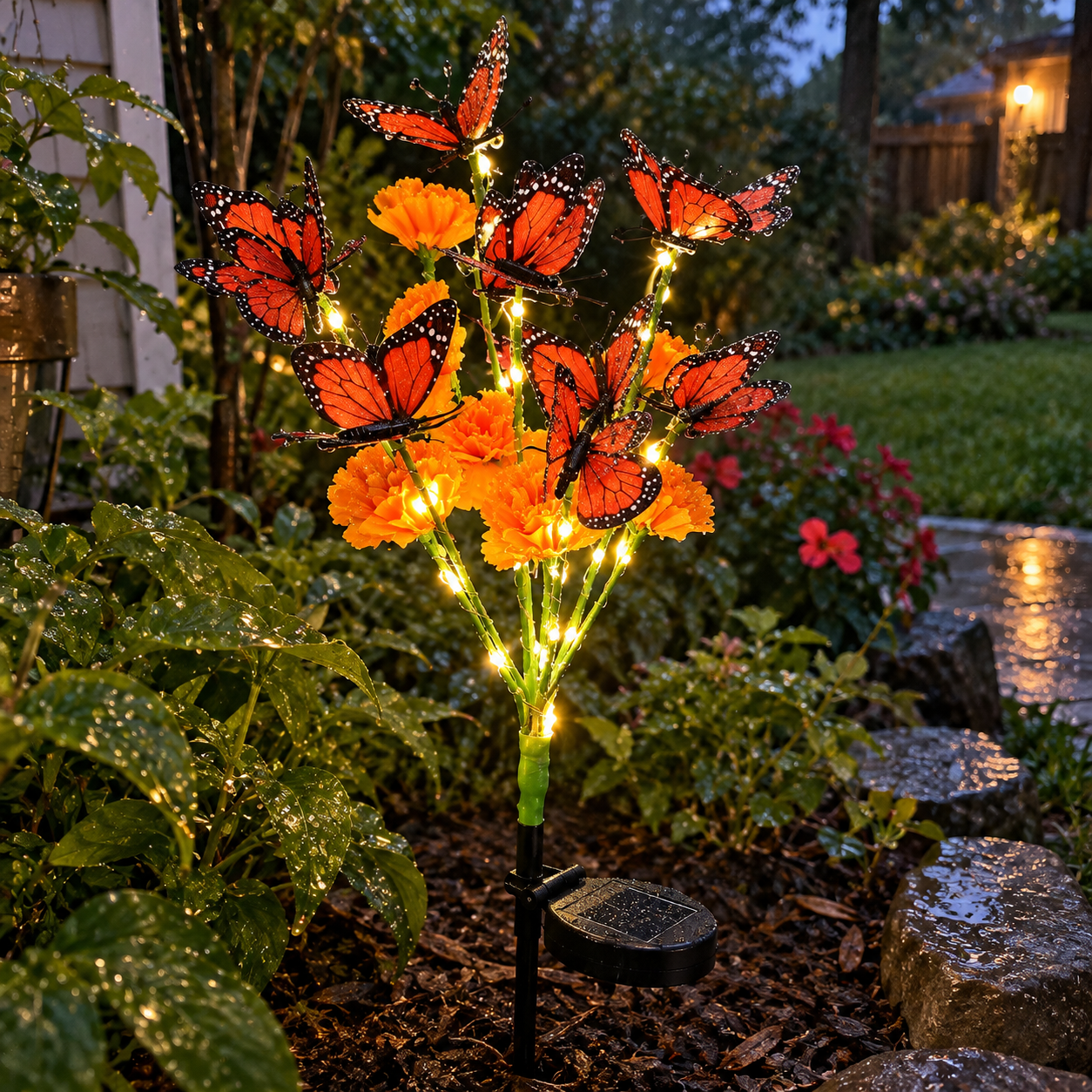 Solarleuchte mit Tagetes und Schmetterling im Gartenbeet nach dem Regen