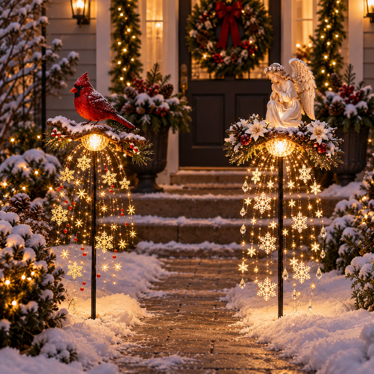Cardinal and angel lighted stakes welcoming guests at a snowy front porch