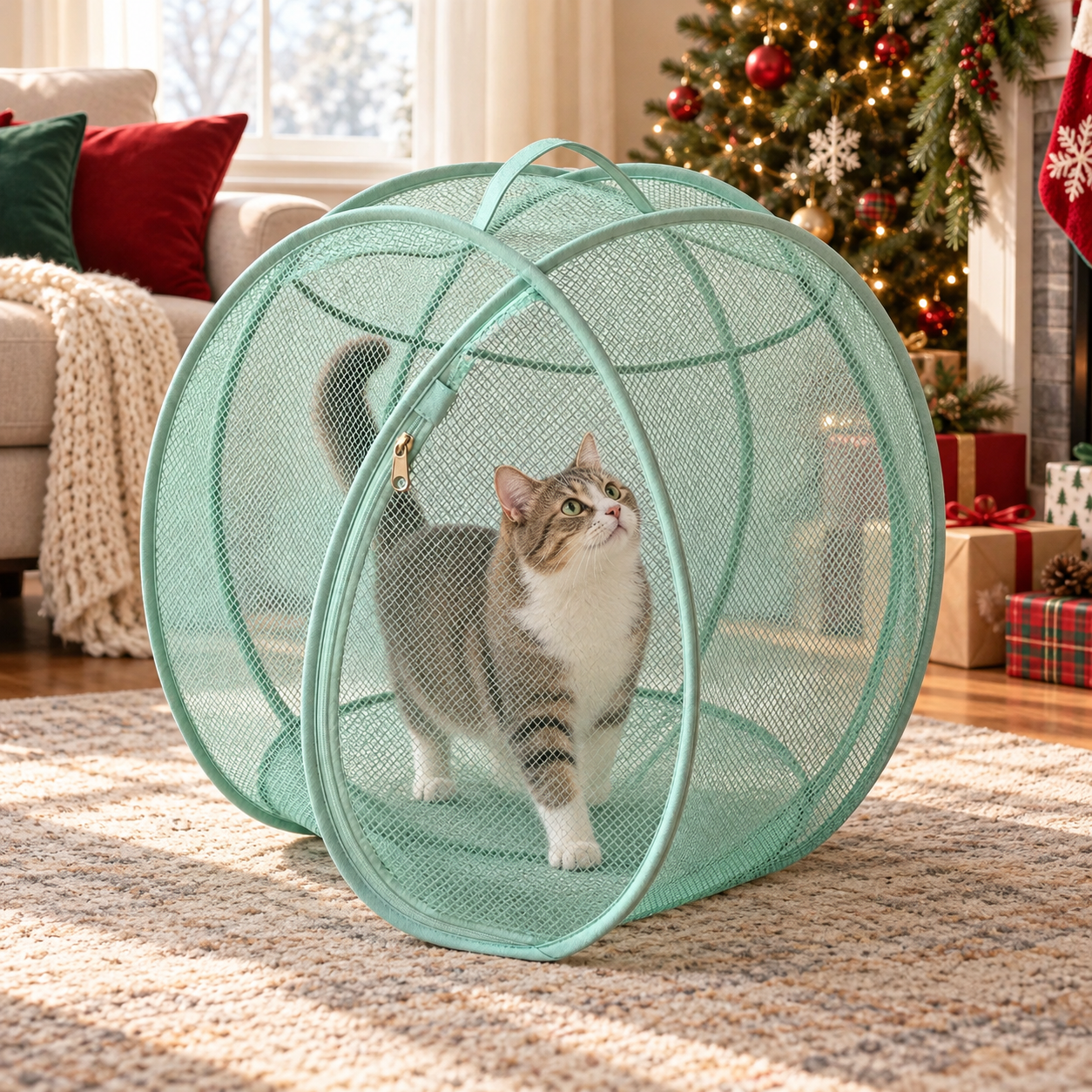 Cat exploring indoors in the mint green rolling playpen at Christmas