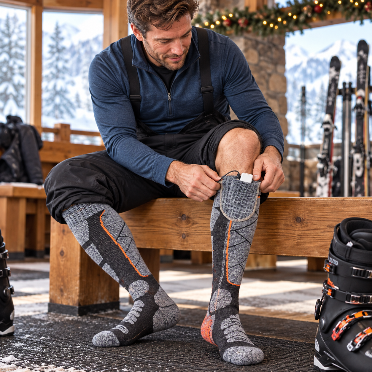 Putting on orange-gray heated socks before skiing