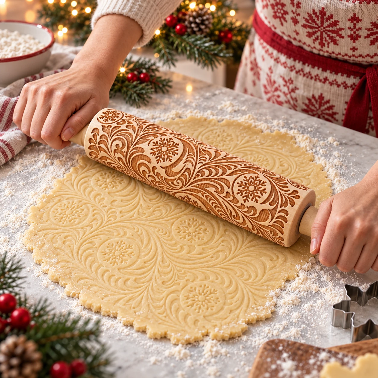 Using the embossed rolling pin for Christmas cookie dough