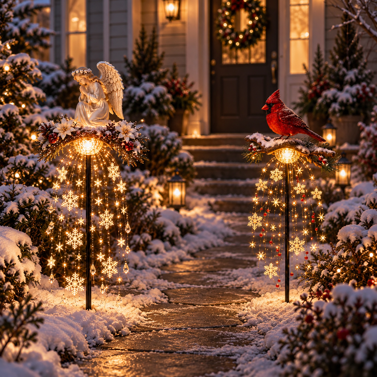 Cardinal and angel lighted stakes along a winter garden path