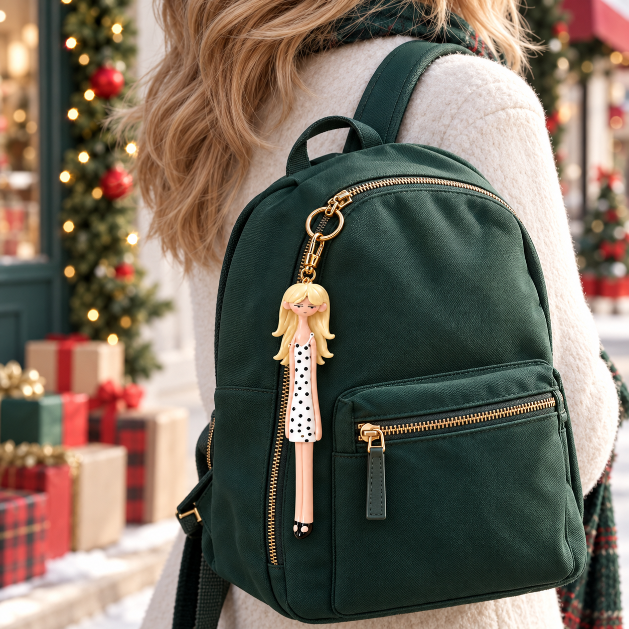 Blonde doll charm clipped to a green backpack