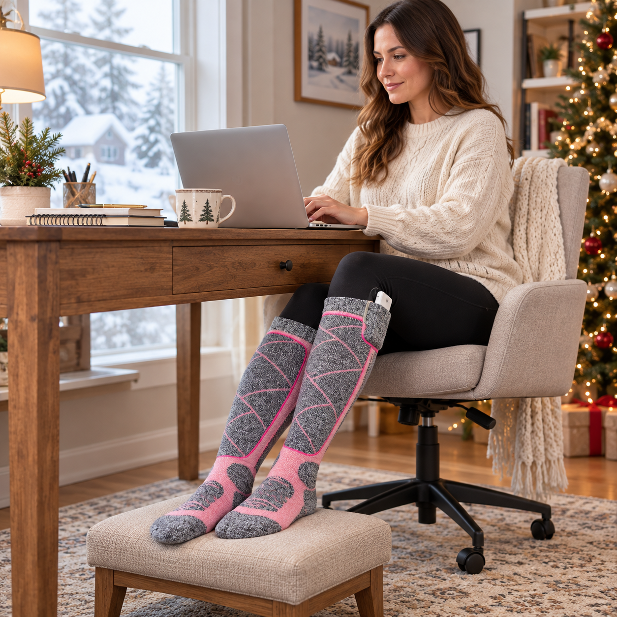 Wearing pink-gray heated socks in a cold home office