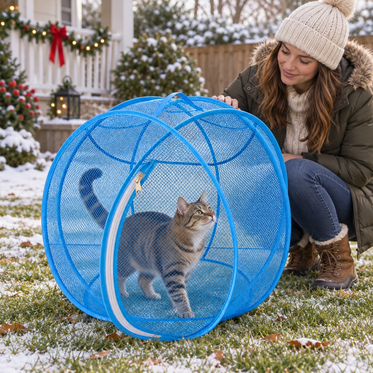 Supervised outdoor cat play in the blue rolling playpen