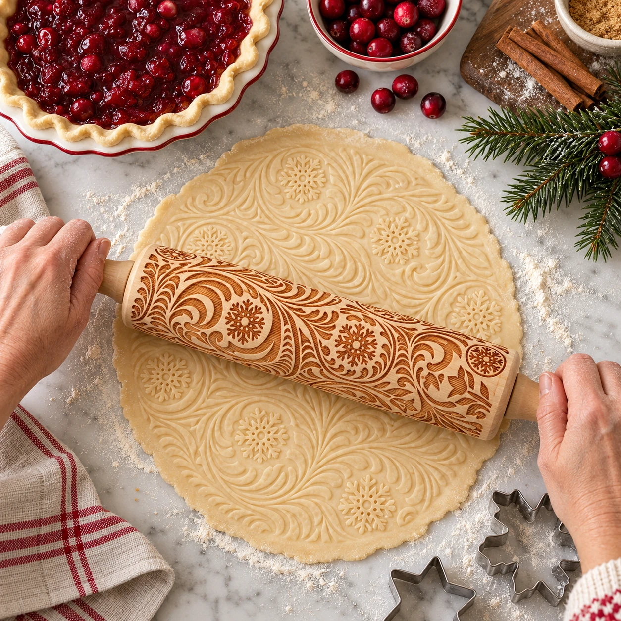 Using the embossed rolling pin on a holiday pie crust