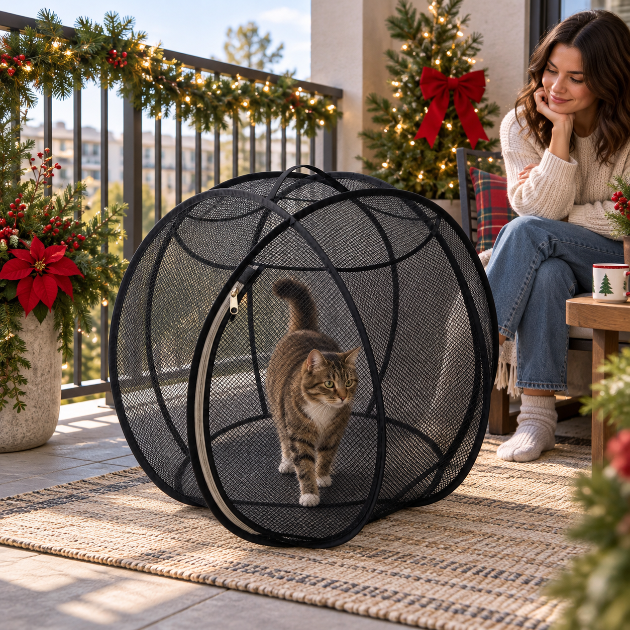 Supervised balcony play in the black rolling pet playpen