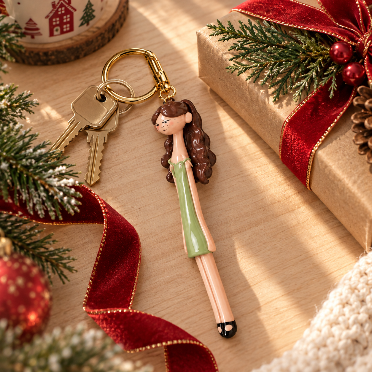 Brown-haired doll charm attached to keys beside a holiday gift