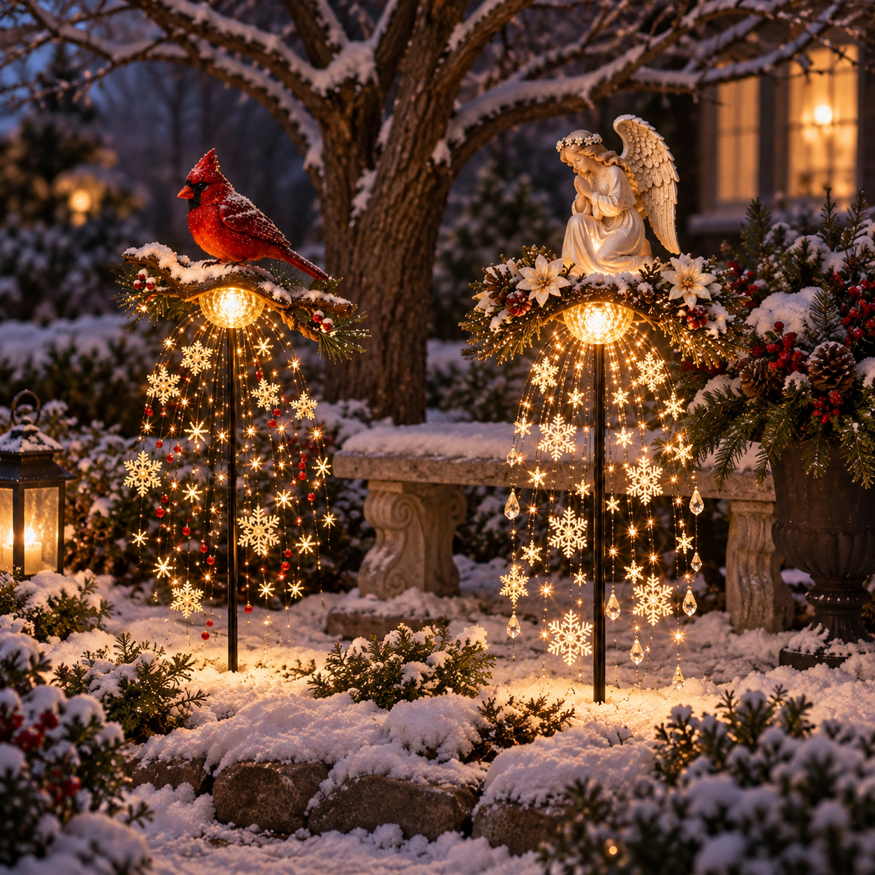 Cardinal and angel lighted stakes in a peaceful remembrance garden corner