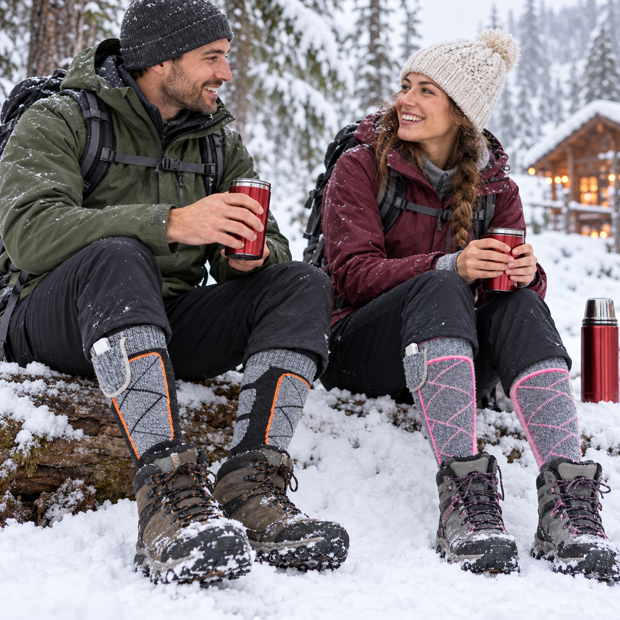 Orange-gray and pink-gray heated socks on a winter hike