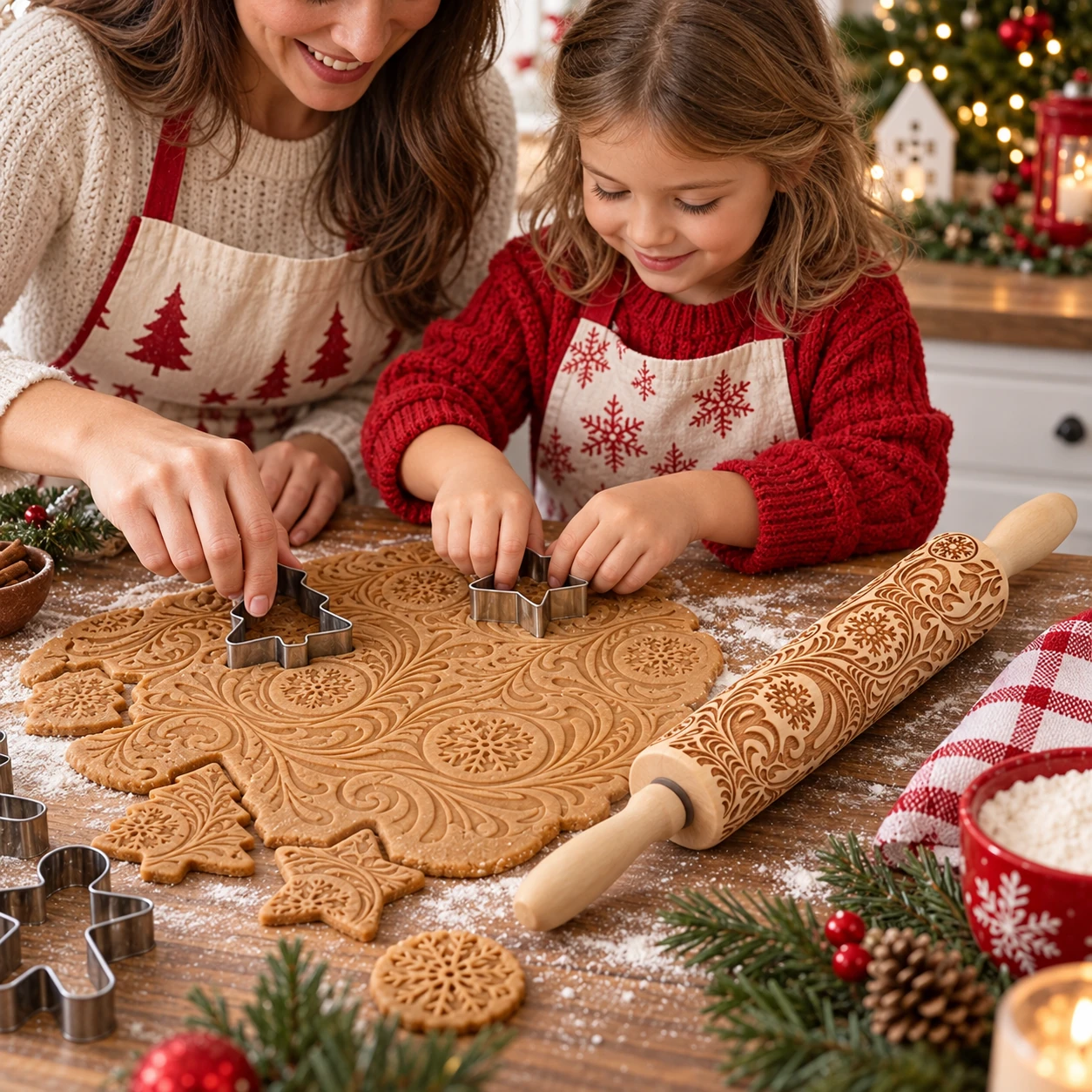 Family cutting cookies from festive embossed dough