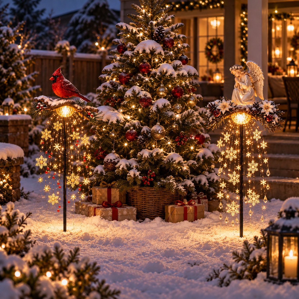 Cardinal and angel lighted stakes framing an outdoor Christmas tree