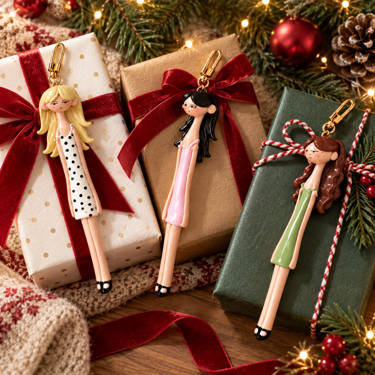 Three doll bag charm styles arranged with wrapped Christmas gifts