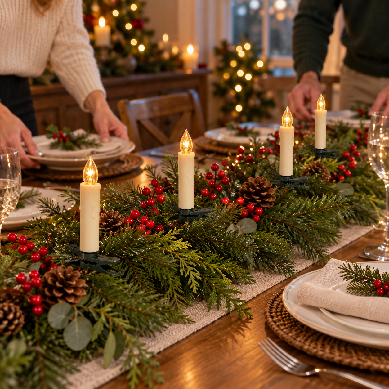 Clip-on LED candles in a Christmas dining table centerpiece