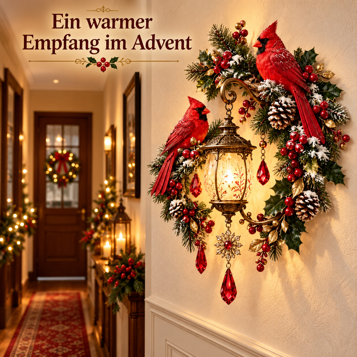 Weihnachts-Wandlaterne mit Kardinalvögeln für warmes Festlicht
