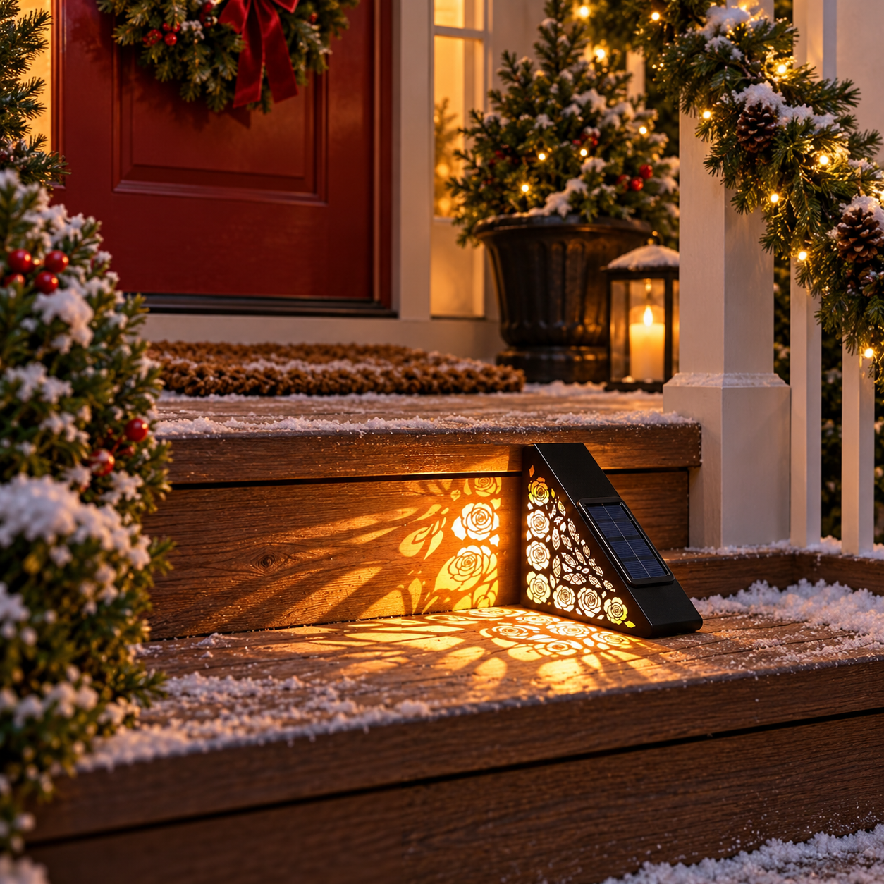 Solar step light on a Christmas front porch