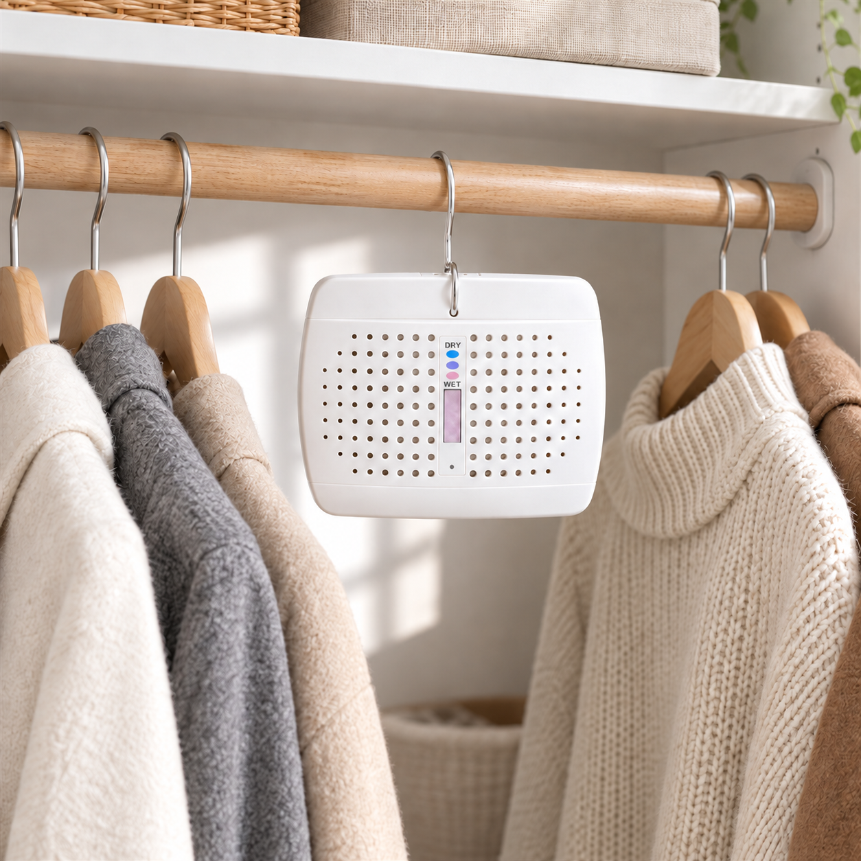 Mini dehumidifier hanging in a closet