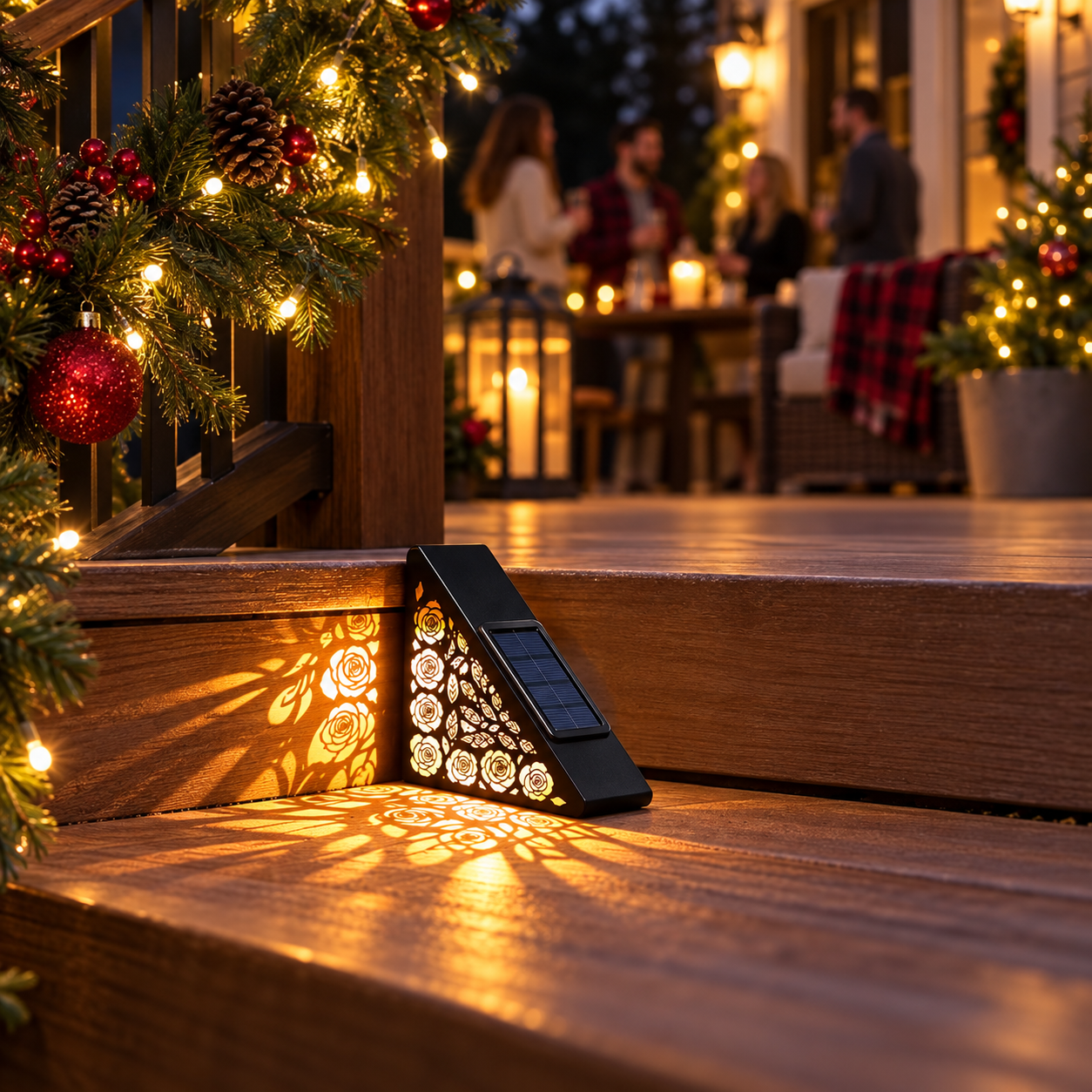 Solar step light illuminating deck stairs during a holiday gathering