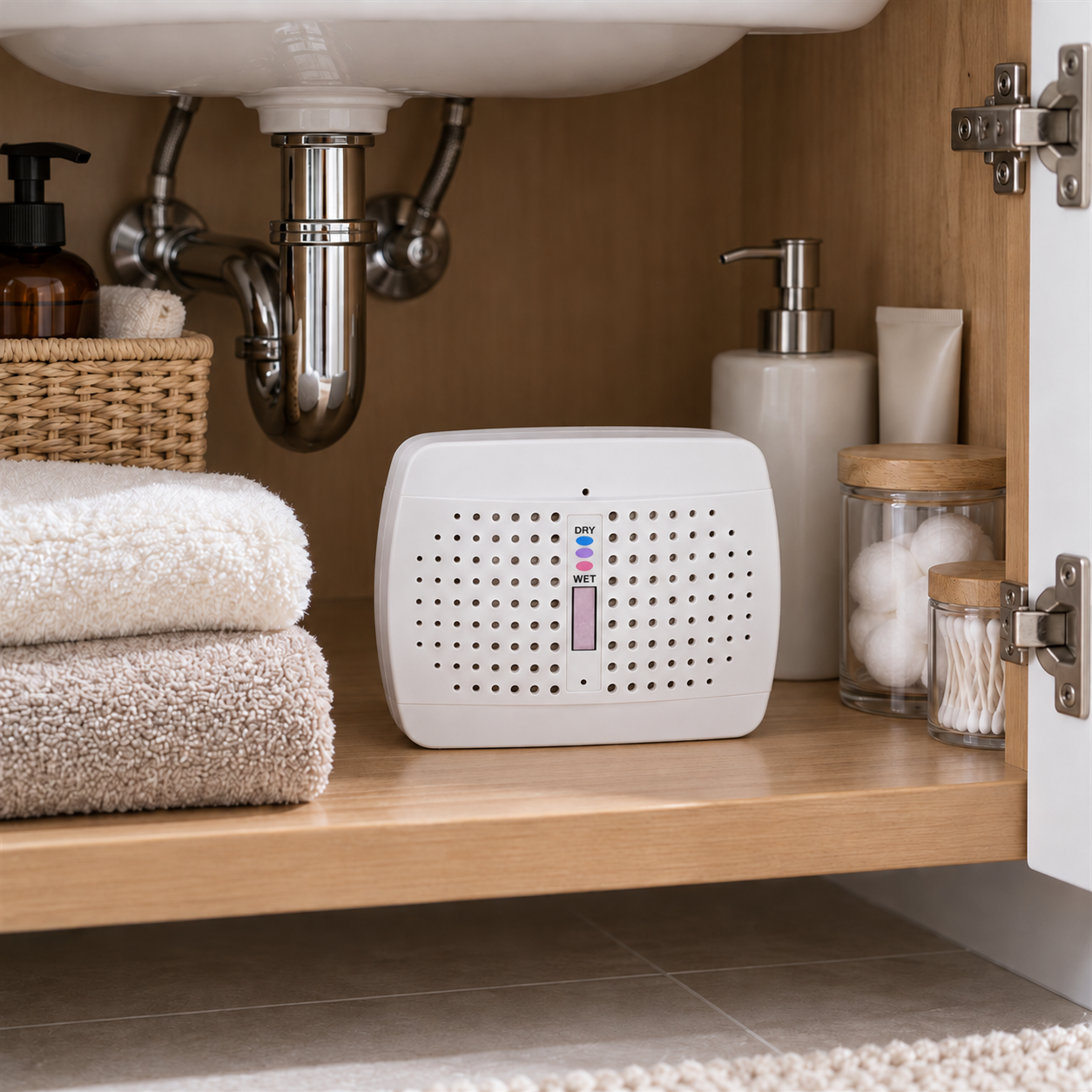 Mini dehumidifier inside a bathroom vanity cabinet