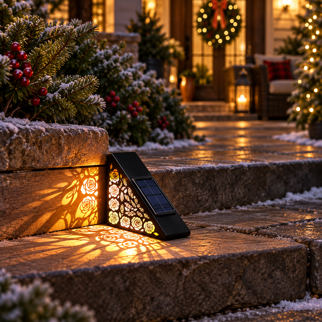 Solar step light beside frosty garden steps