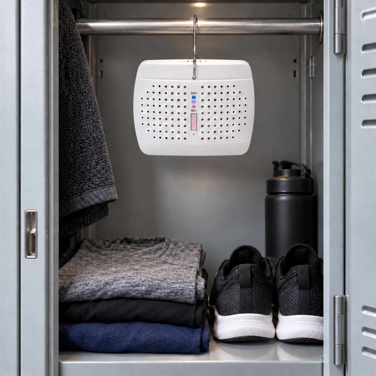 Mini dehumidifier hanging inside a locker