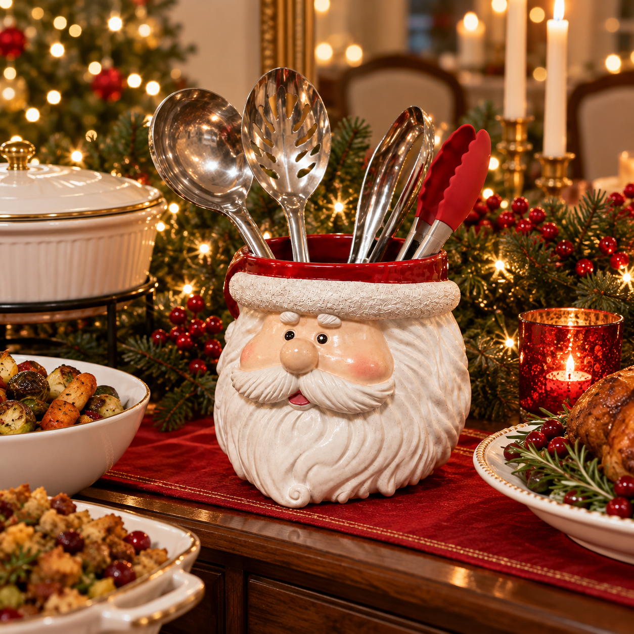 Santa-Halter mit Servierutensilien an einem weihnachtlichen Buffet