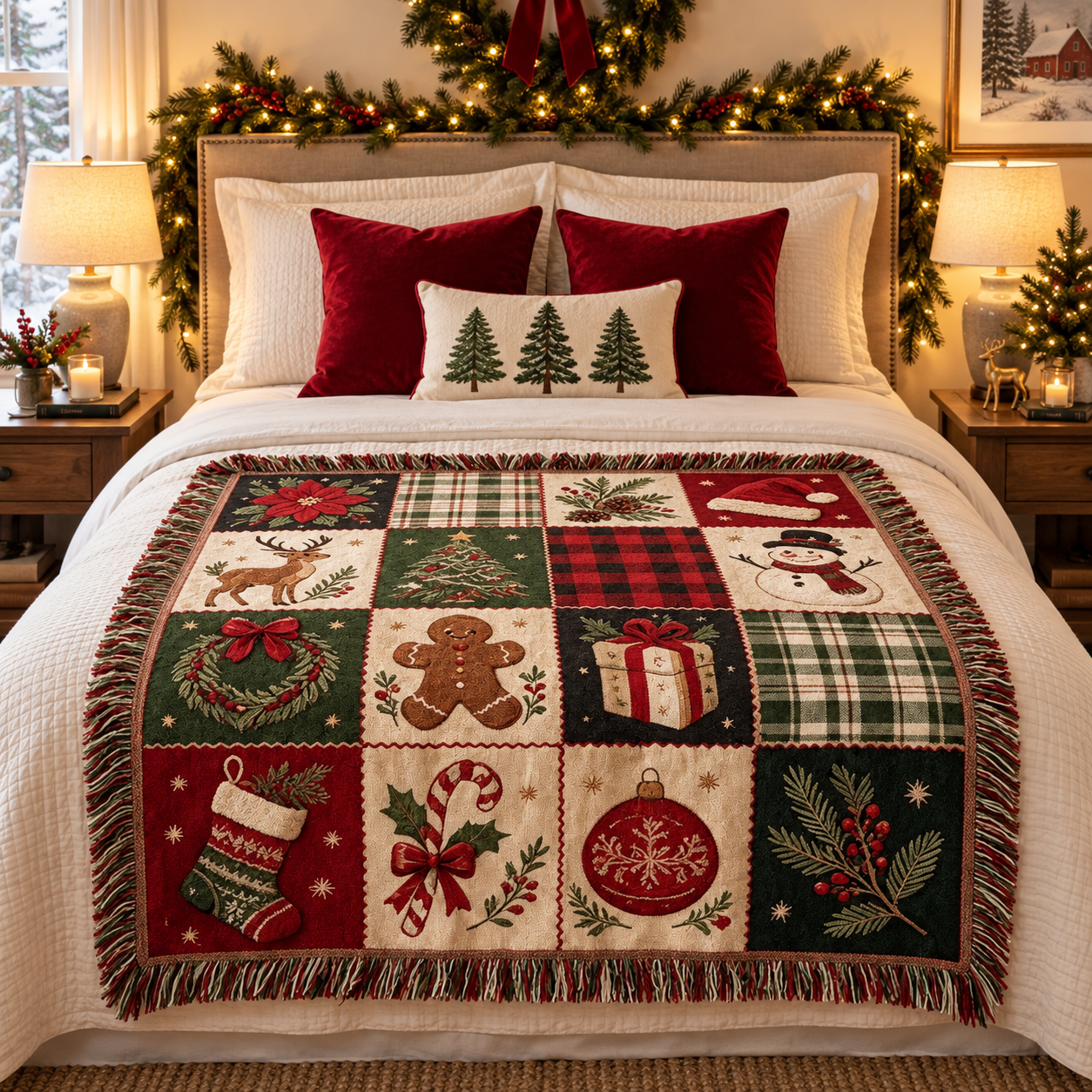 Christmas woven throw at the foot of a bed