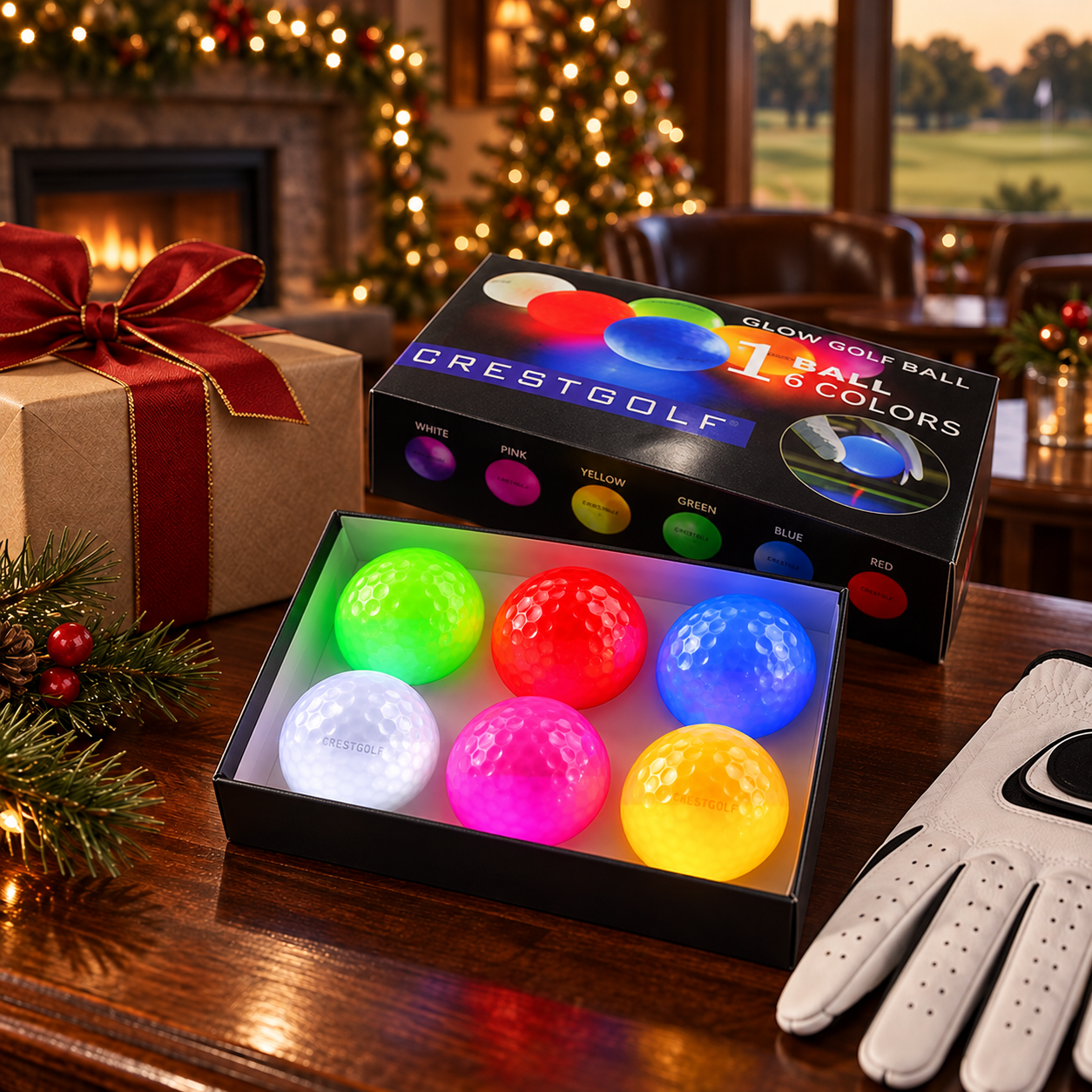 Six-color LED golf ball set displayed as a Christmas golf gift