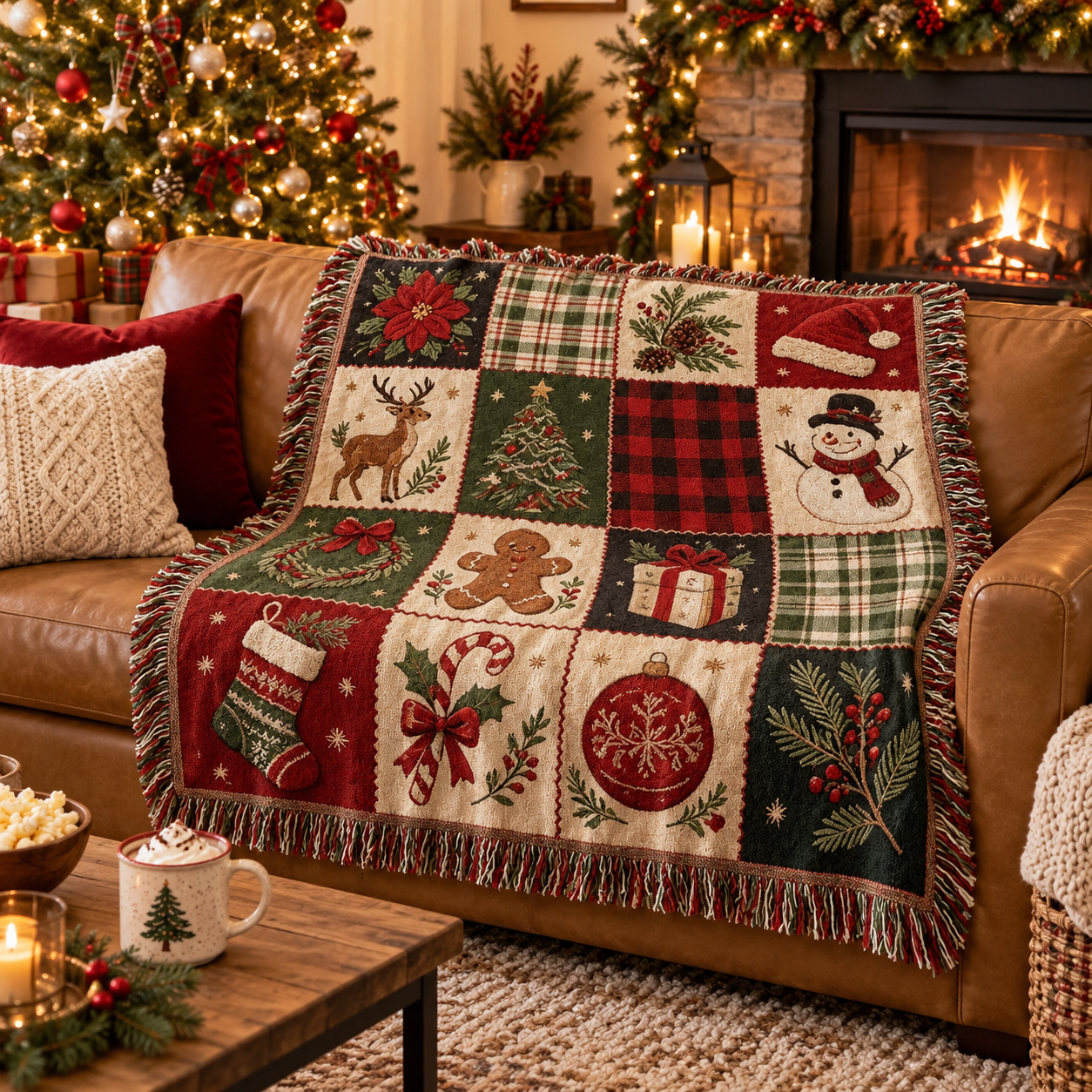 Christmas woven throw on a living room sofa