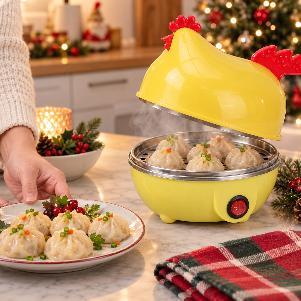 Chicken cooker steaming mini dumplings for a holiday appetizer