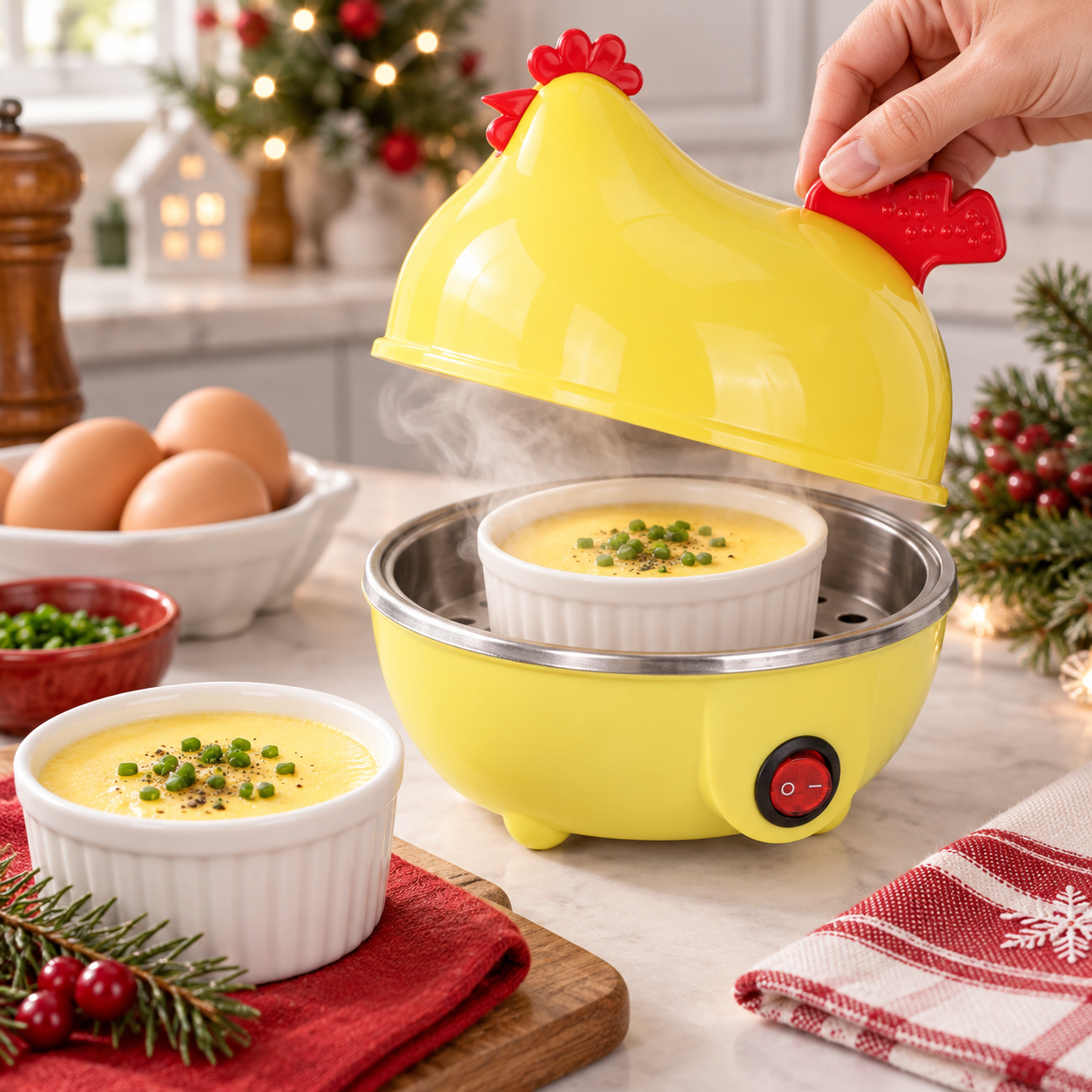 Chicken cooker preparing steamed egg custard