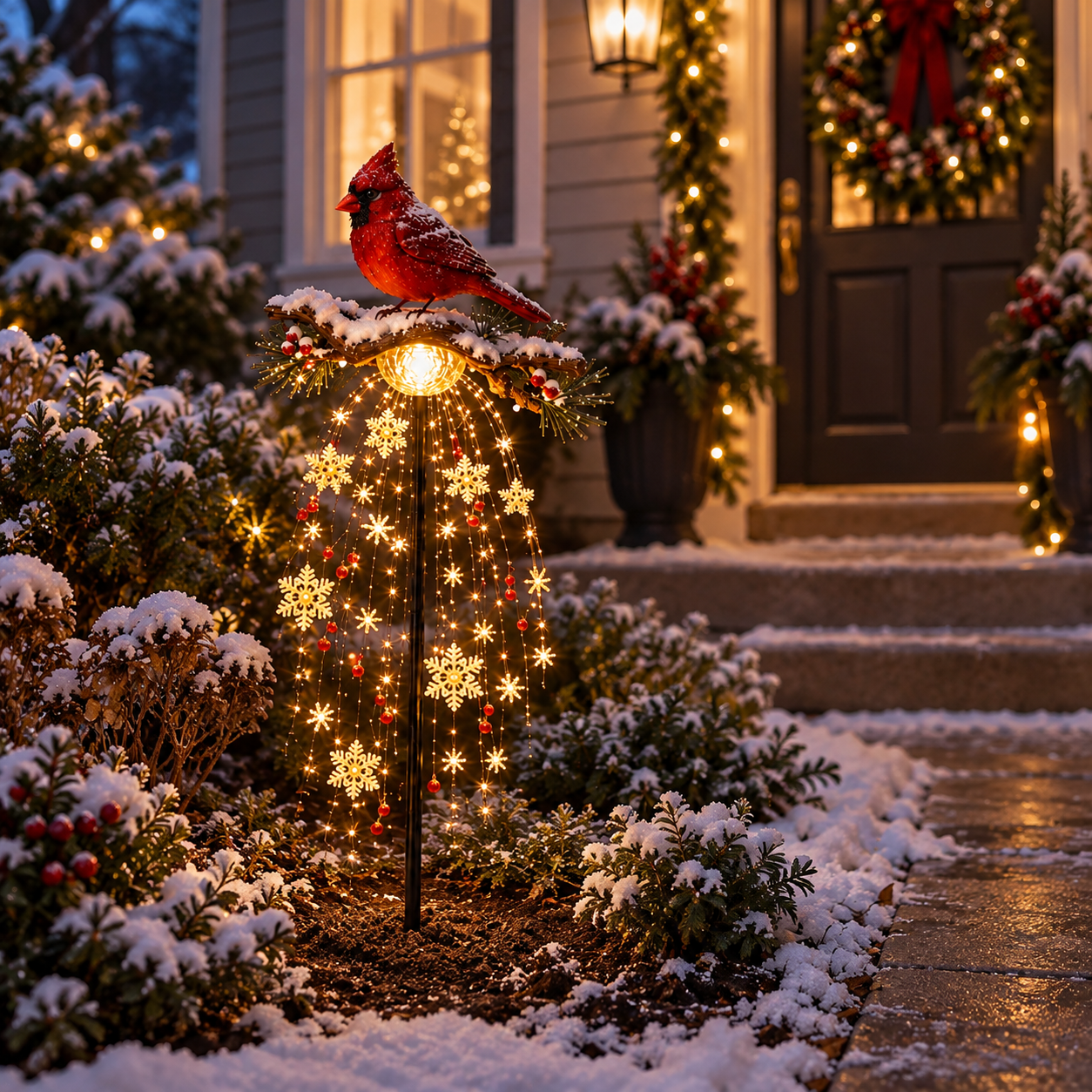 Red Cardinal lighted garden stake planted in soil beside a snowy Christmas porch