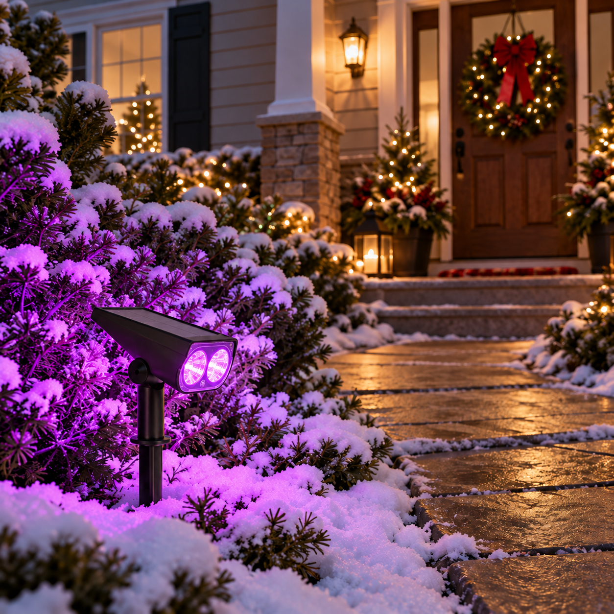 Christmas walkway illuminated by matching purple RGB spotlight lenses