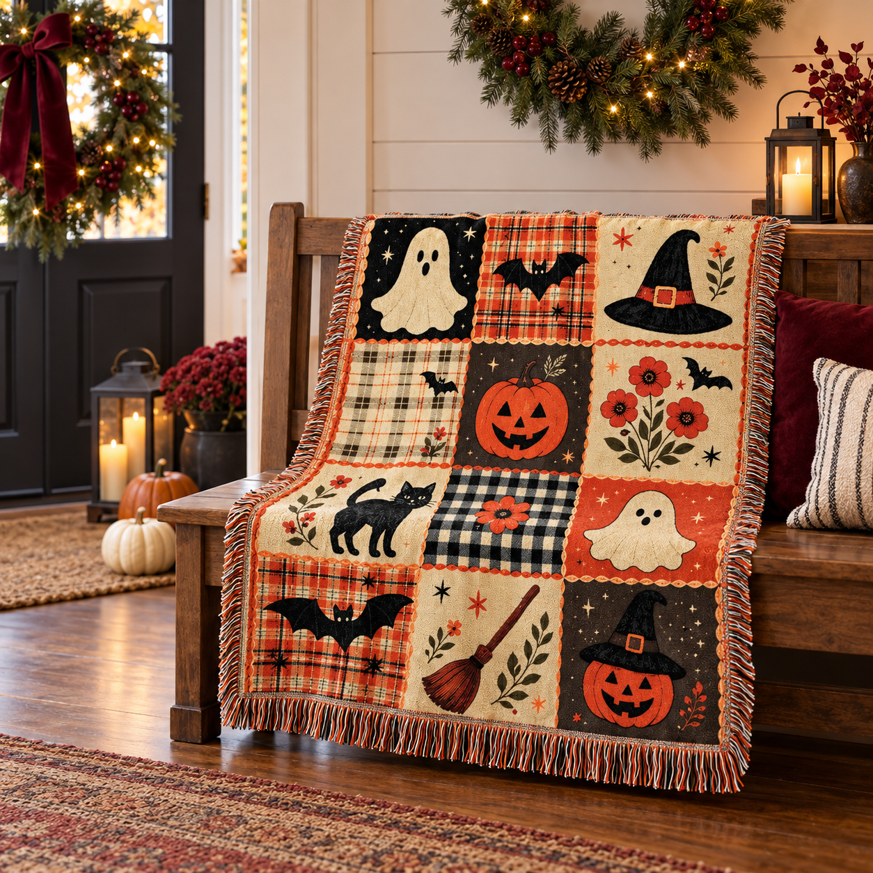 Halloween patchwork throw styled on an entryway bench