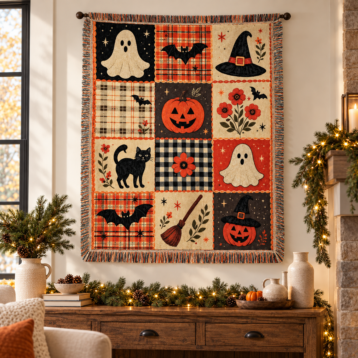 Halloween patchwork throw displayed as wall art