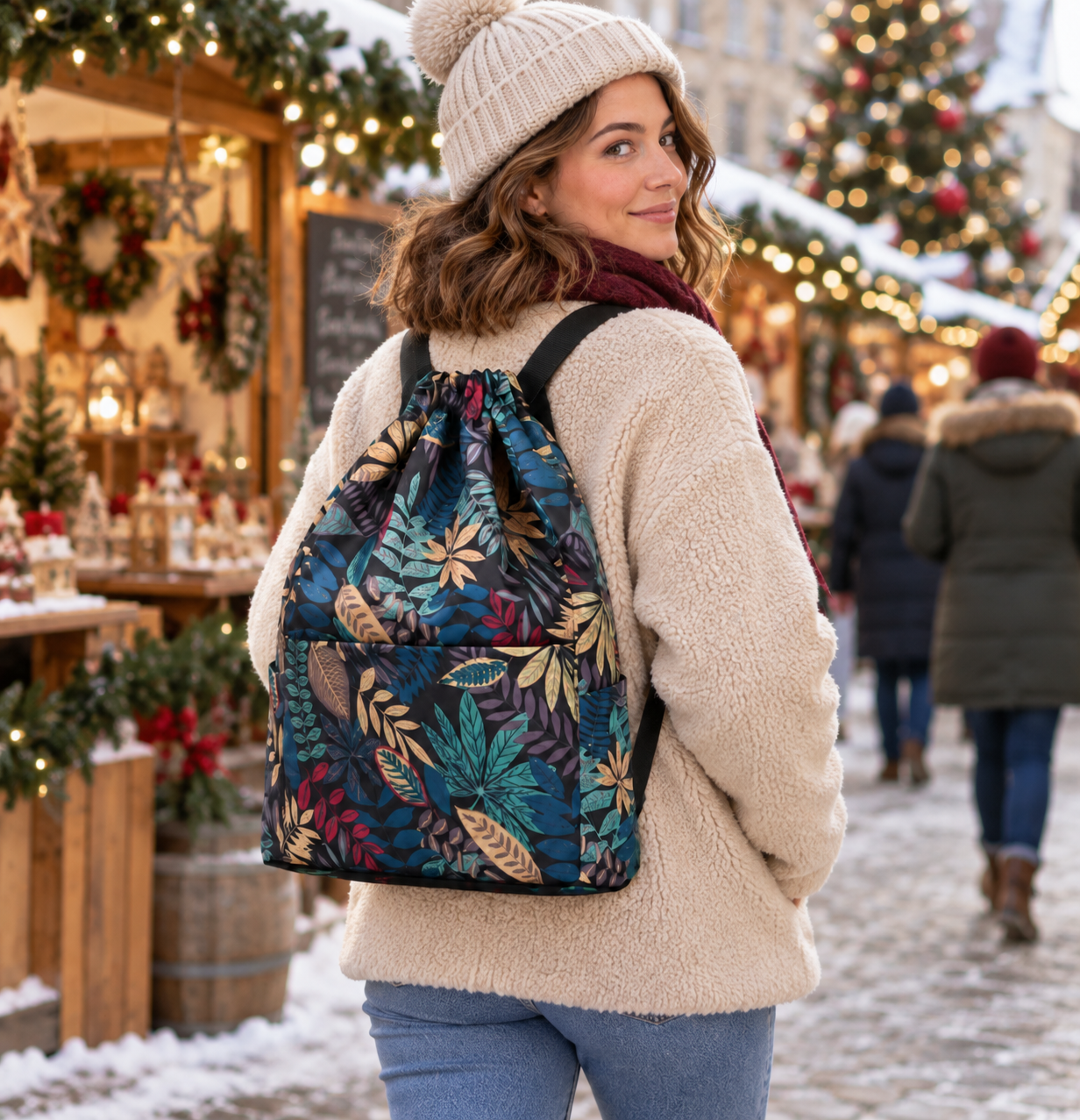 Botanical print backpack carried on a holiday city walk