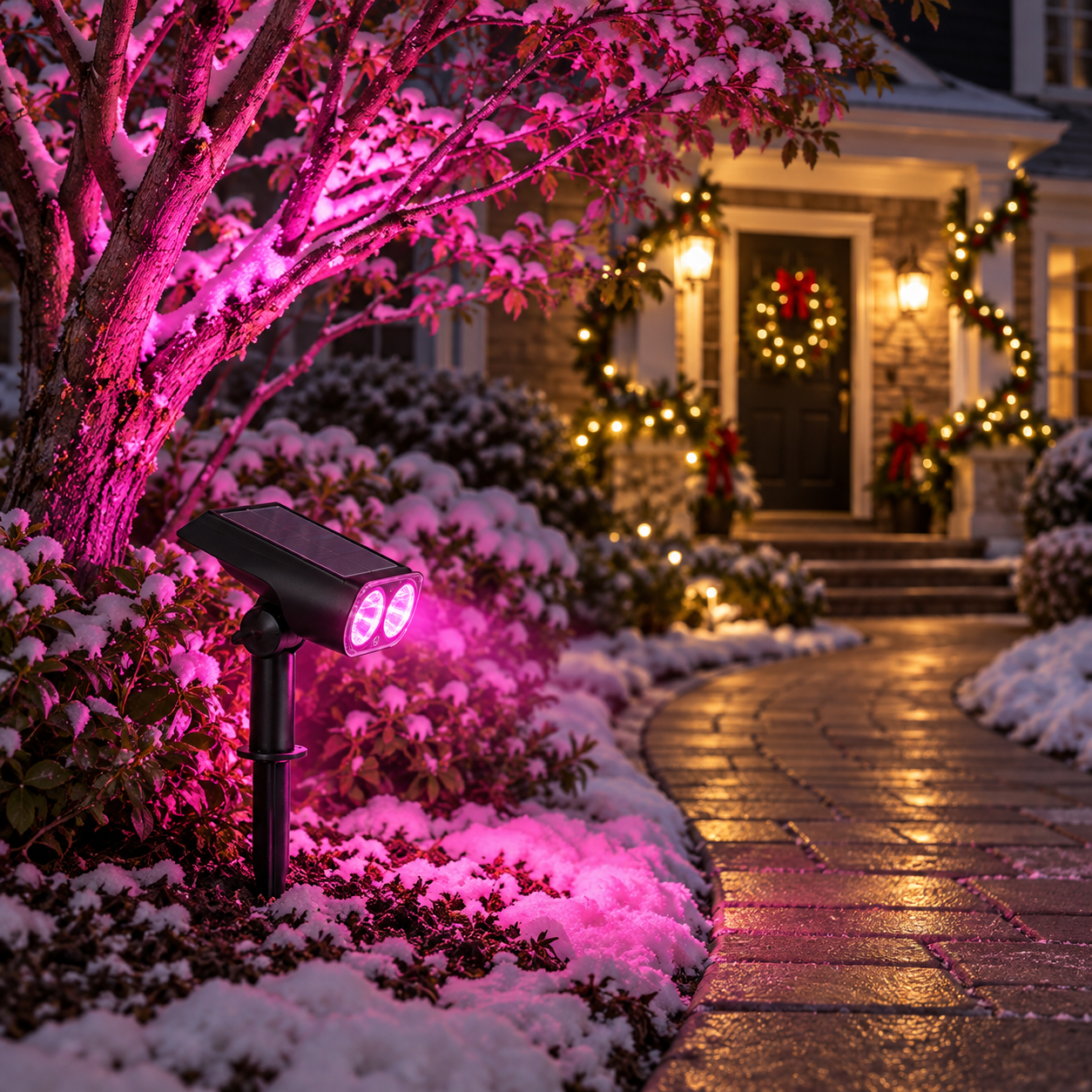 Magenta RGB solar spotlight lighting a winter pathway