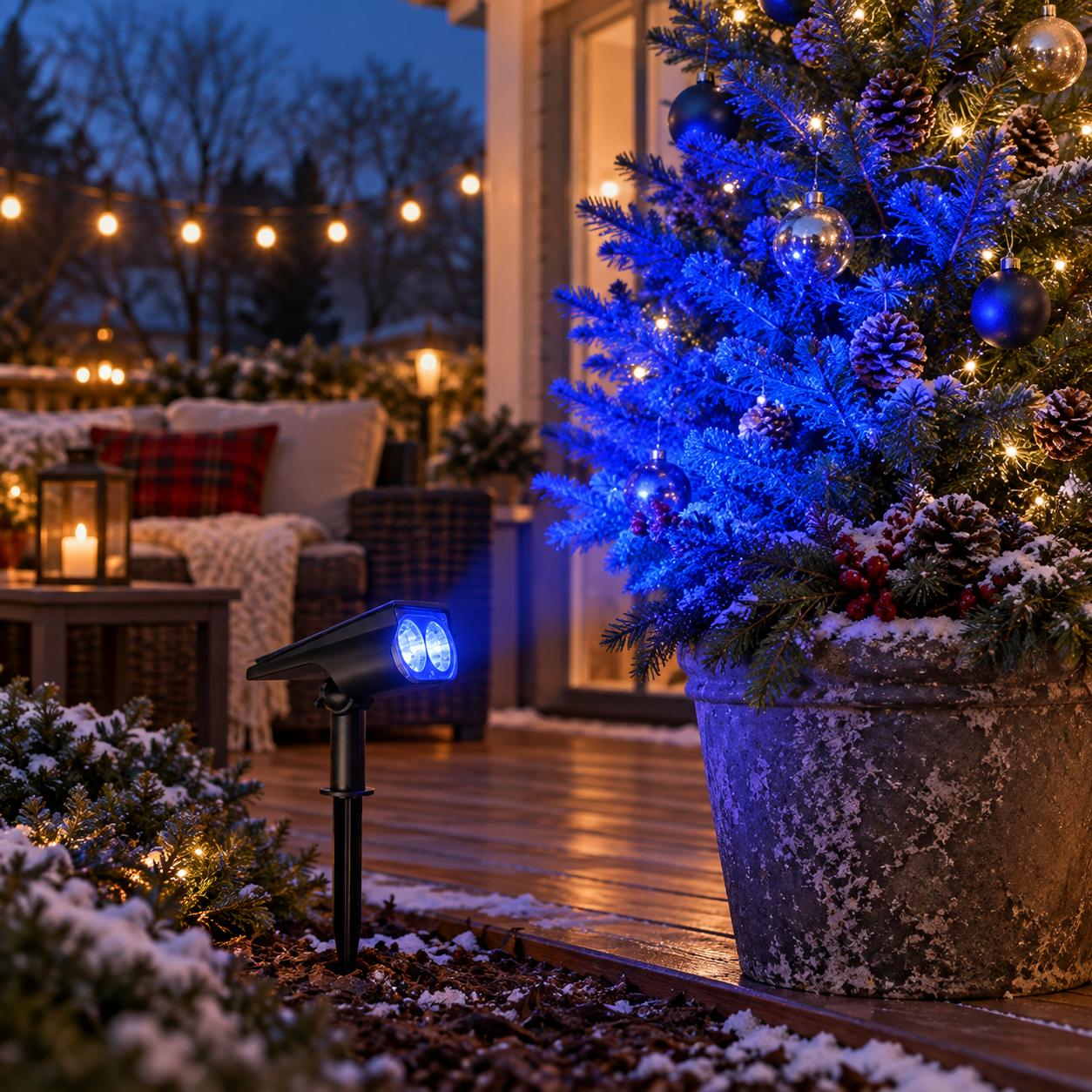 Blue RGB solar spotlight accenting an outdoor Christmas tree