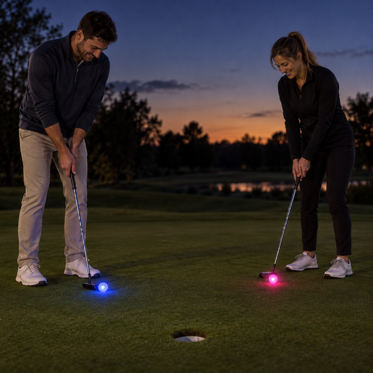 Two golfers practicing with blue and pink glowing golf balls after sunset