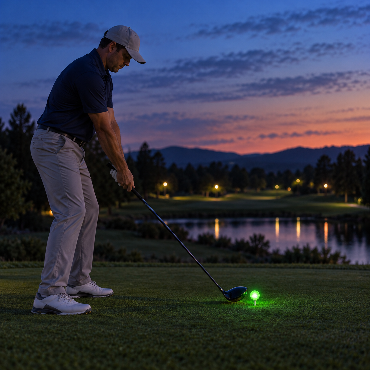 Golfer teeing off with a glowing green LED golf ball at dusk