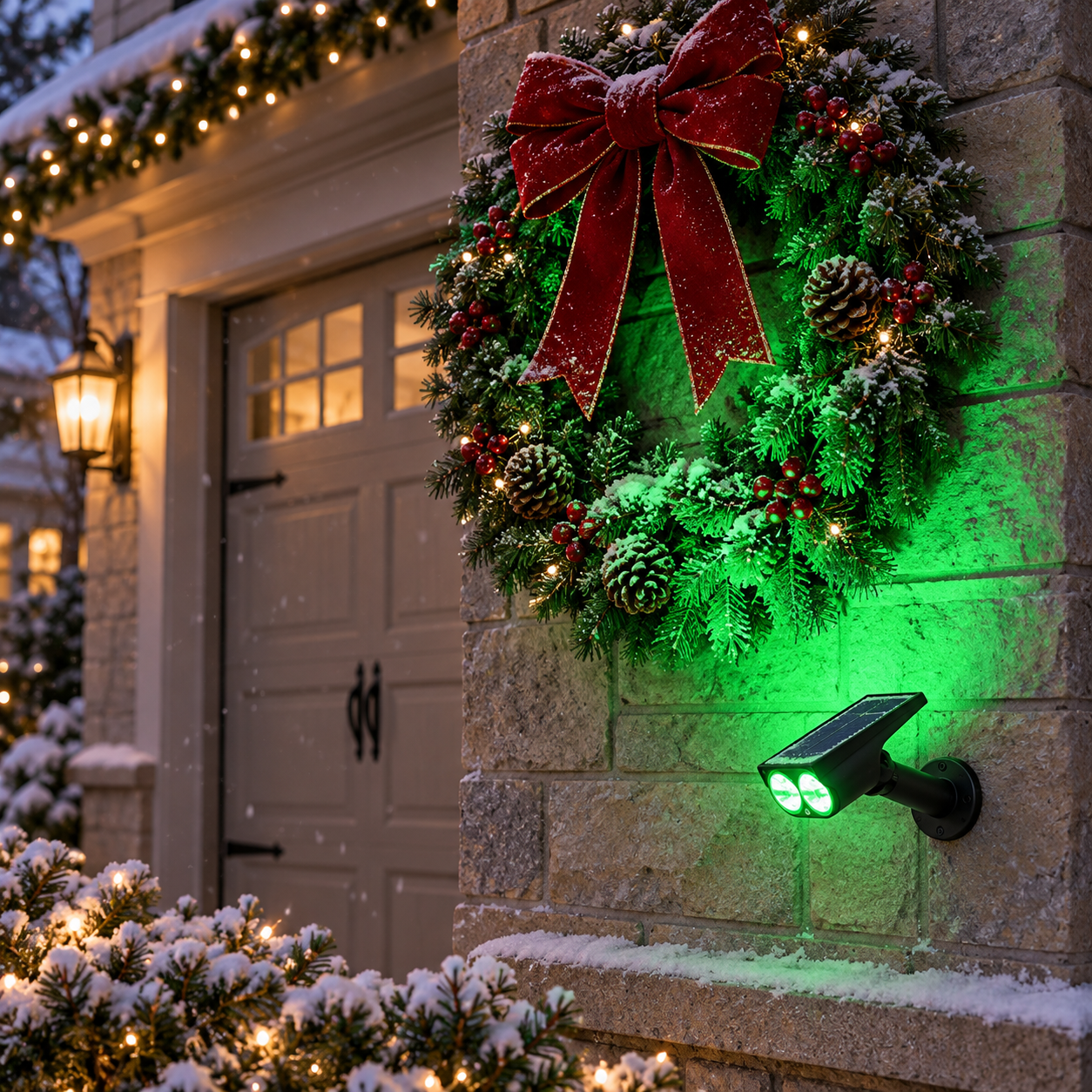 Wall-mounted solar spotlight illuminating a Christmas wreath