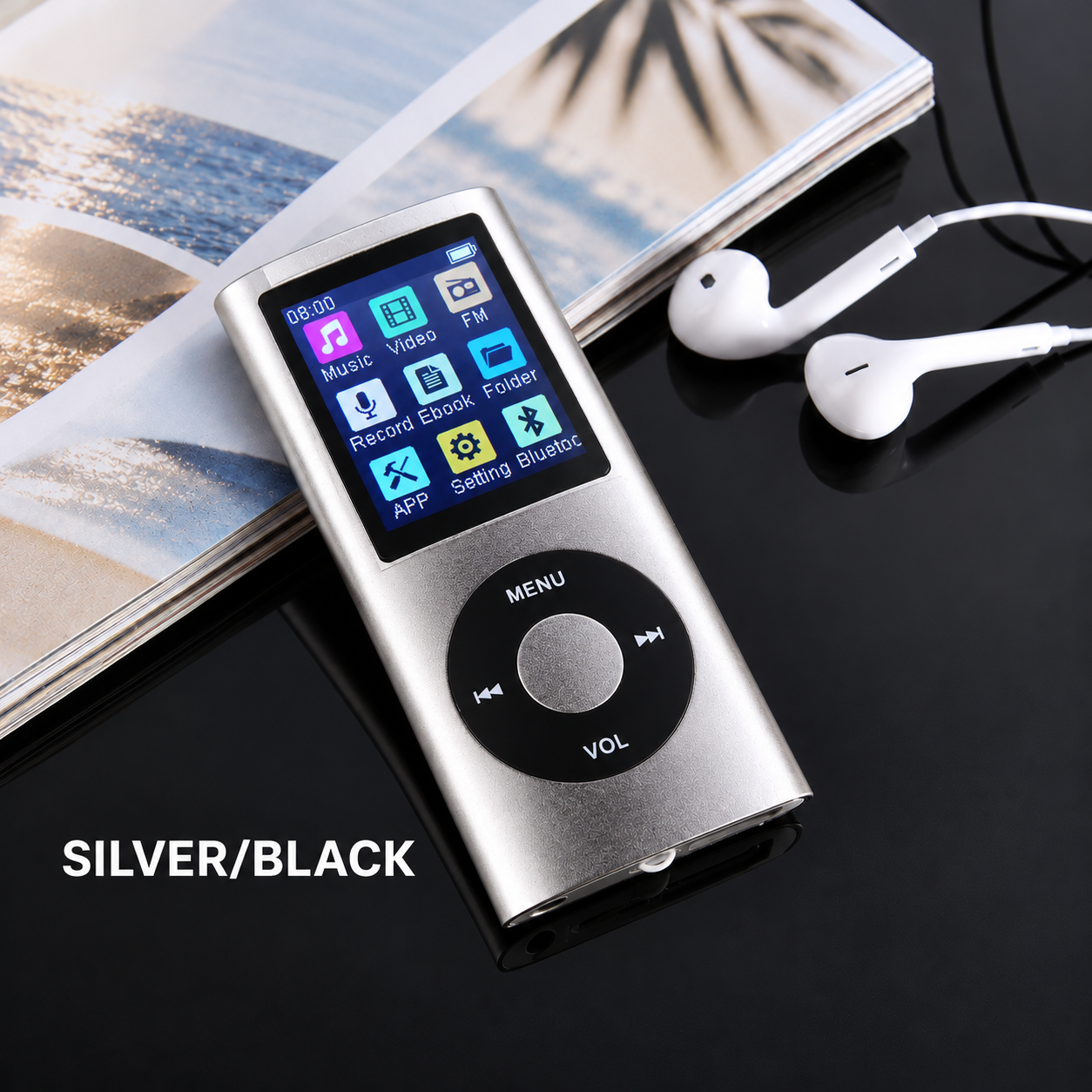 Silver and black 16GB MP3 player on a glossy tabletop with wired earbuds