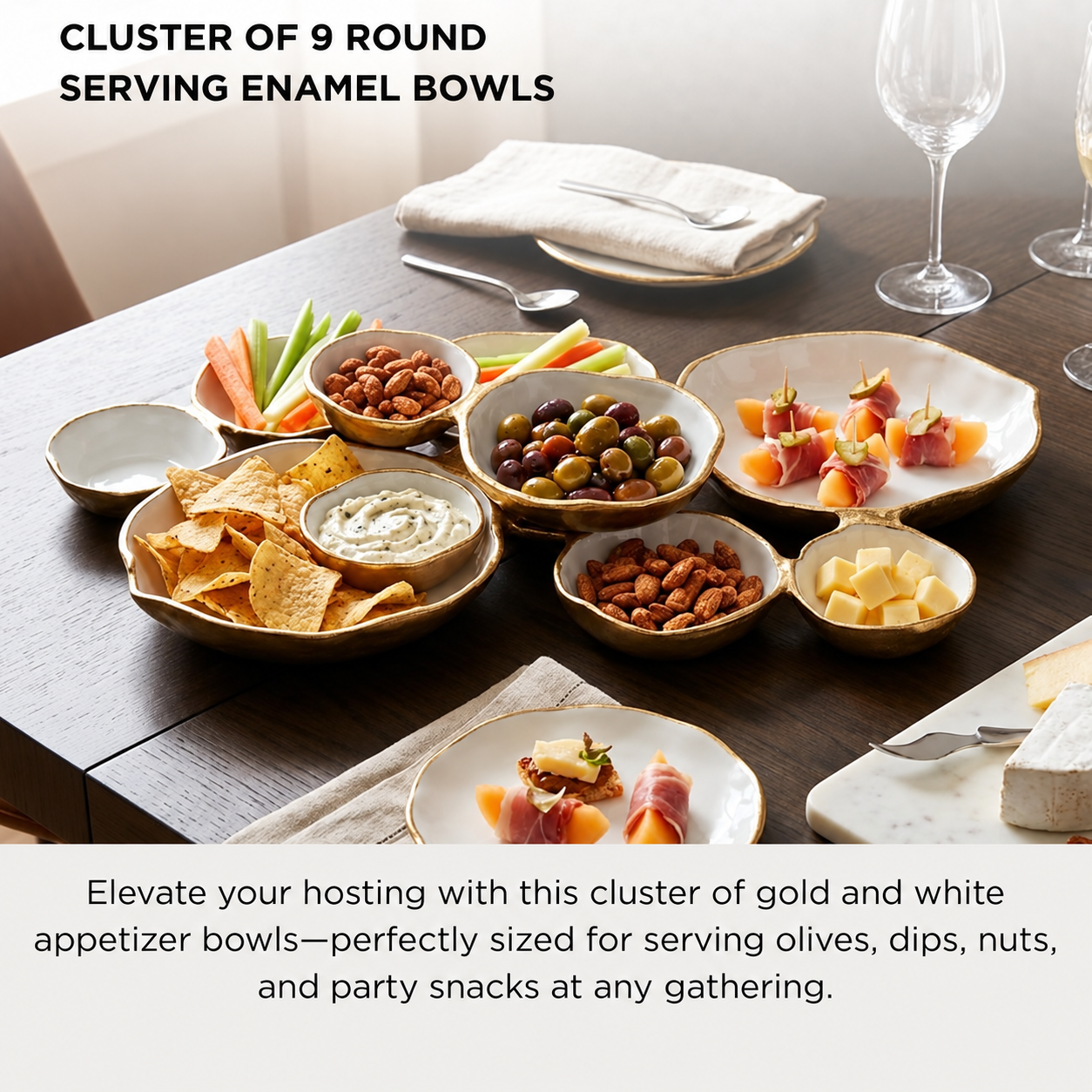 Nine connected enamel-style bowls arranged for party snacks