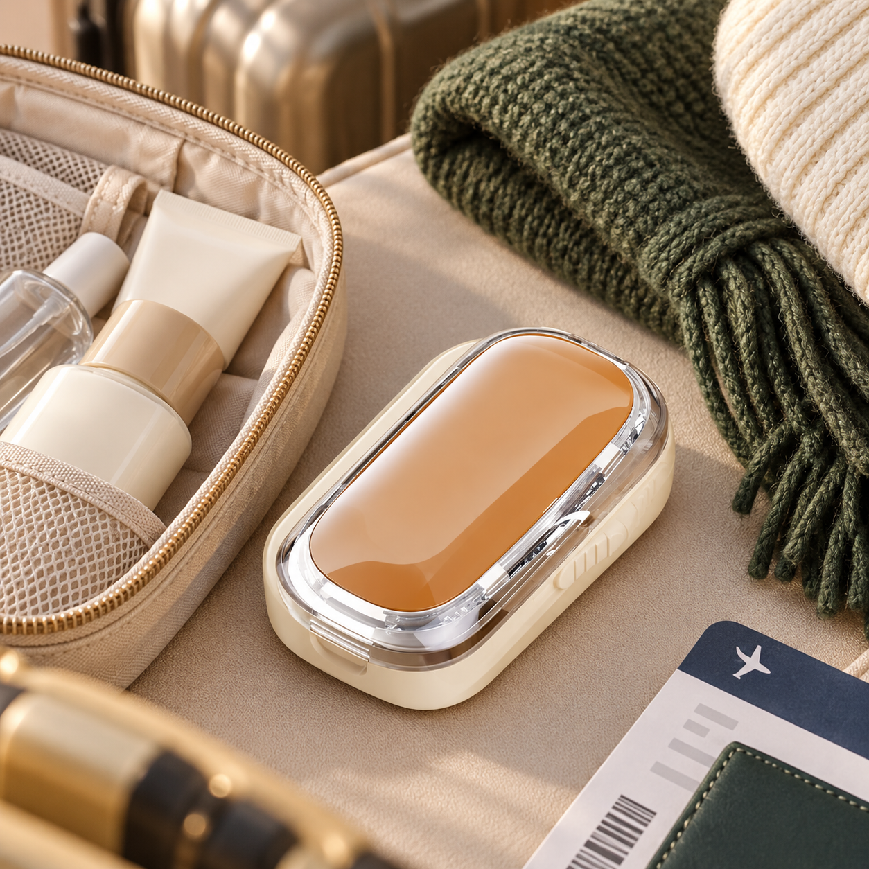 Compact pill cutter packed for holiday travel