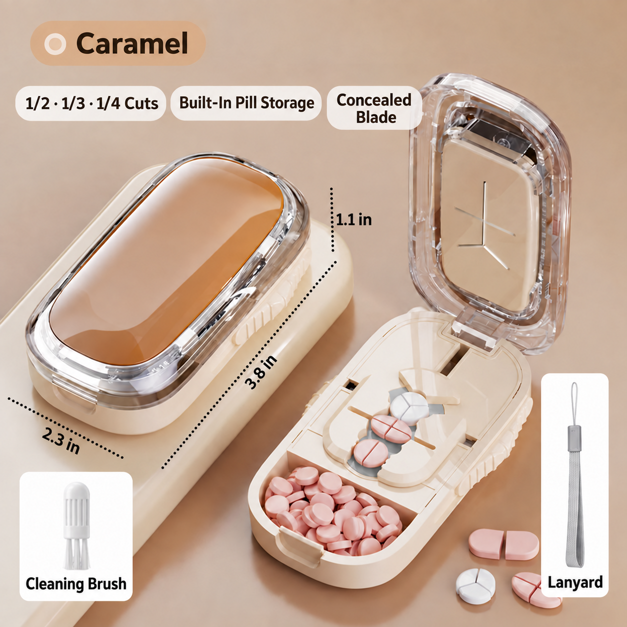 Caramel pill cutter with half, third and quarter cut paths