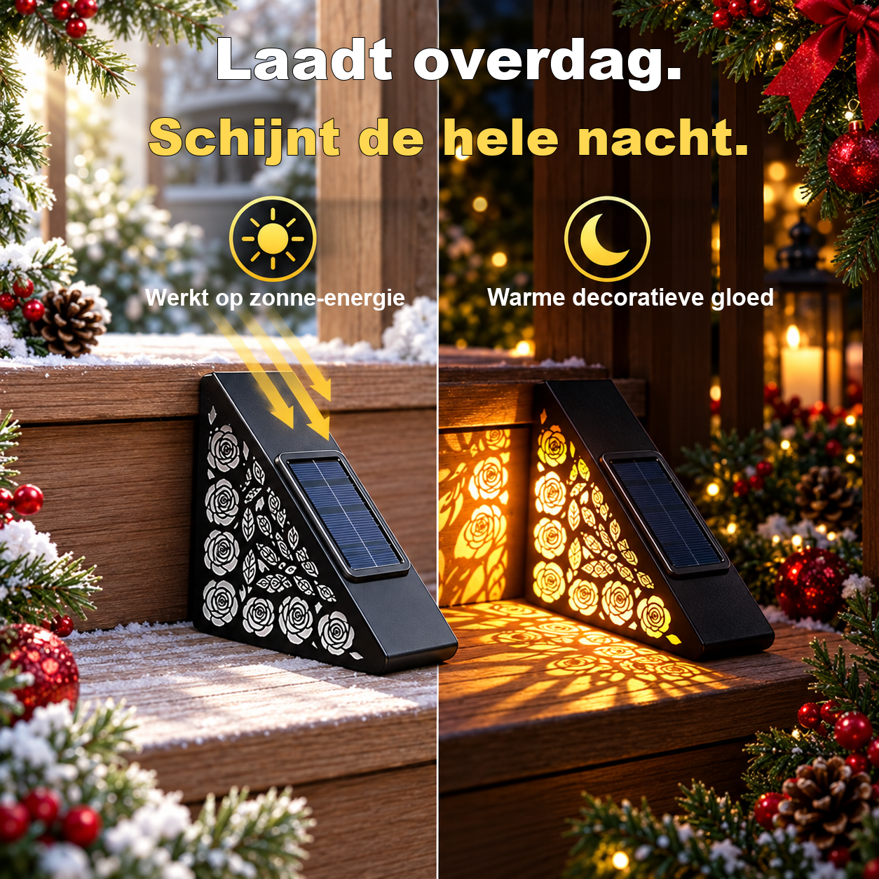 Solar traplamp met kerstgloed en bloemmotief – afbeelding 2