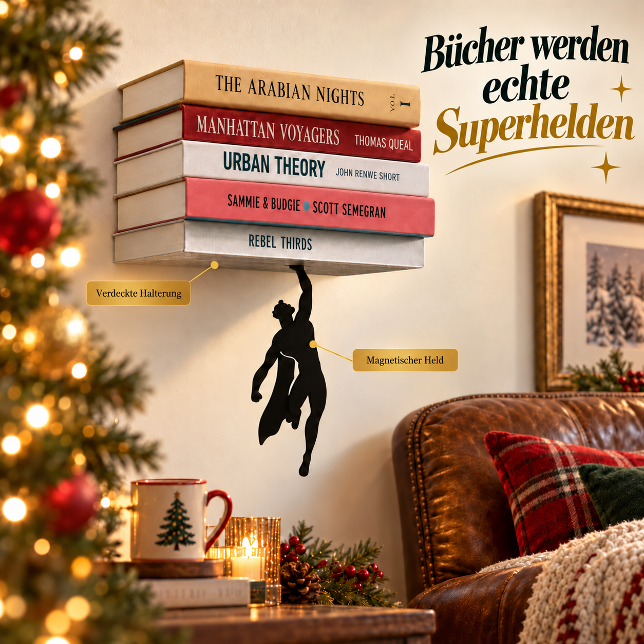 Unsichtbares Superhelden-Bücherregal in einer weihnachtlichen Leseecke