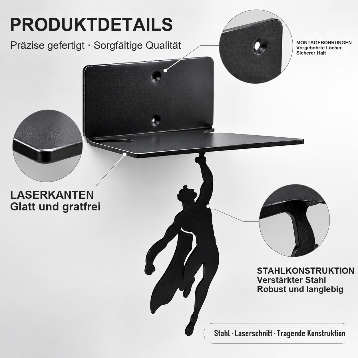 Produktdetails der schwarzen Stahlhalterung und Superheldenfigur